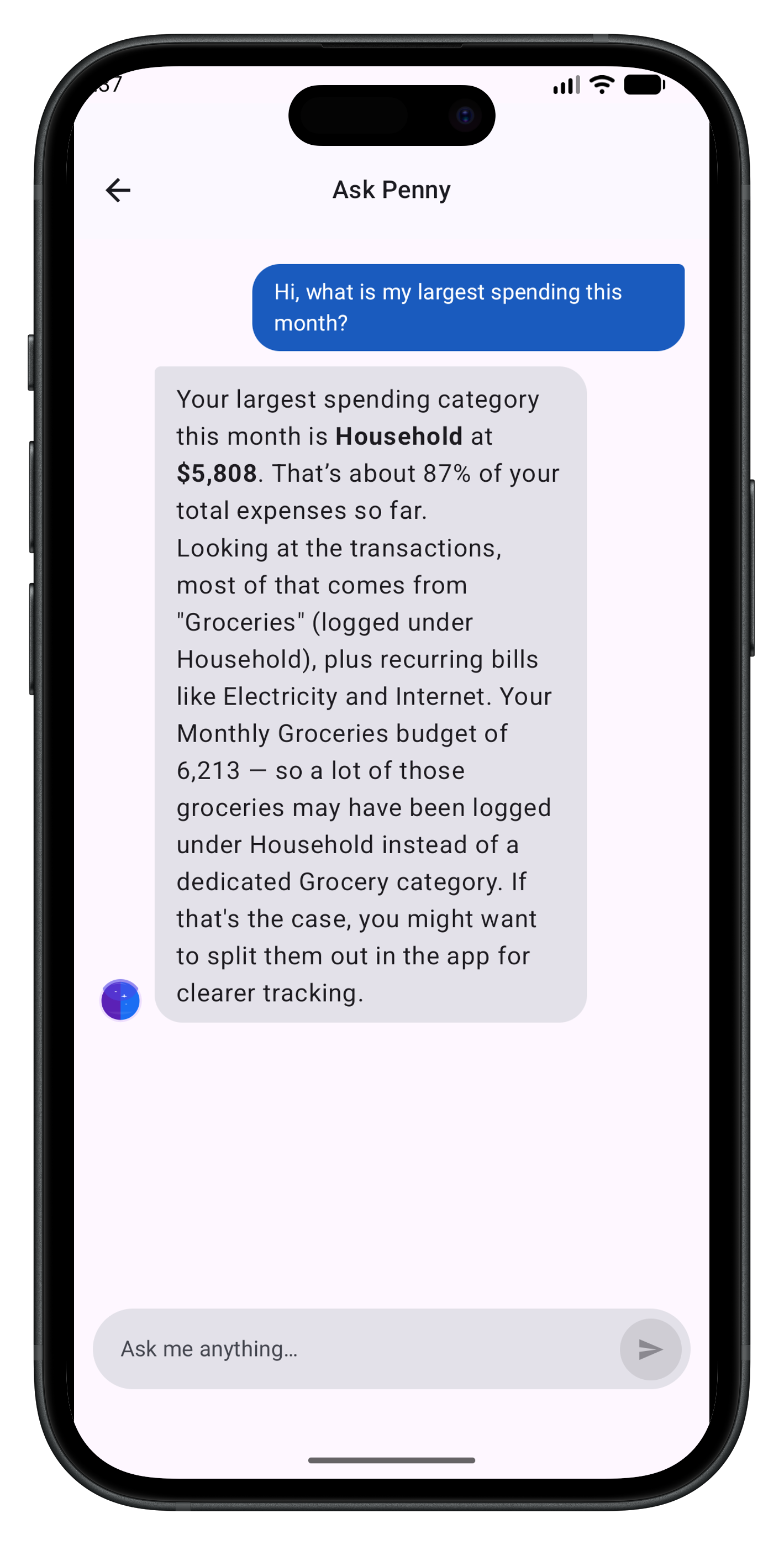 AI chat screen in Moneycule app