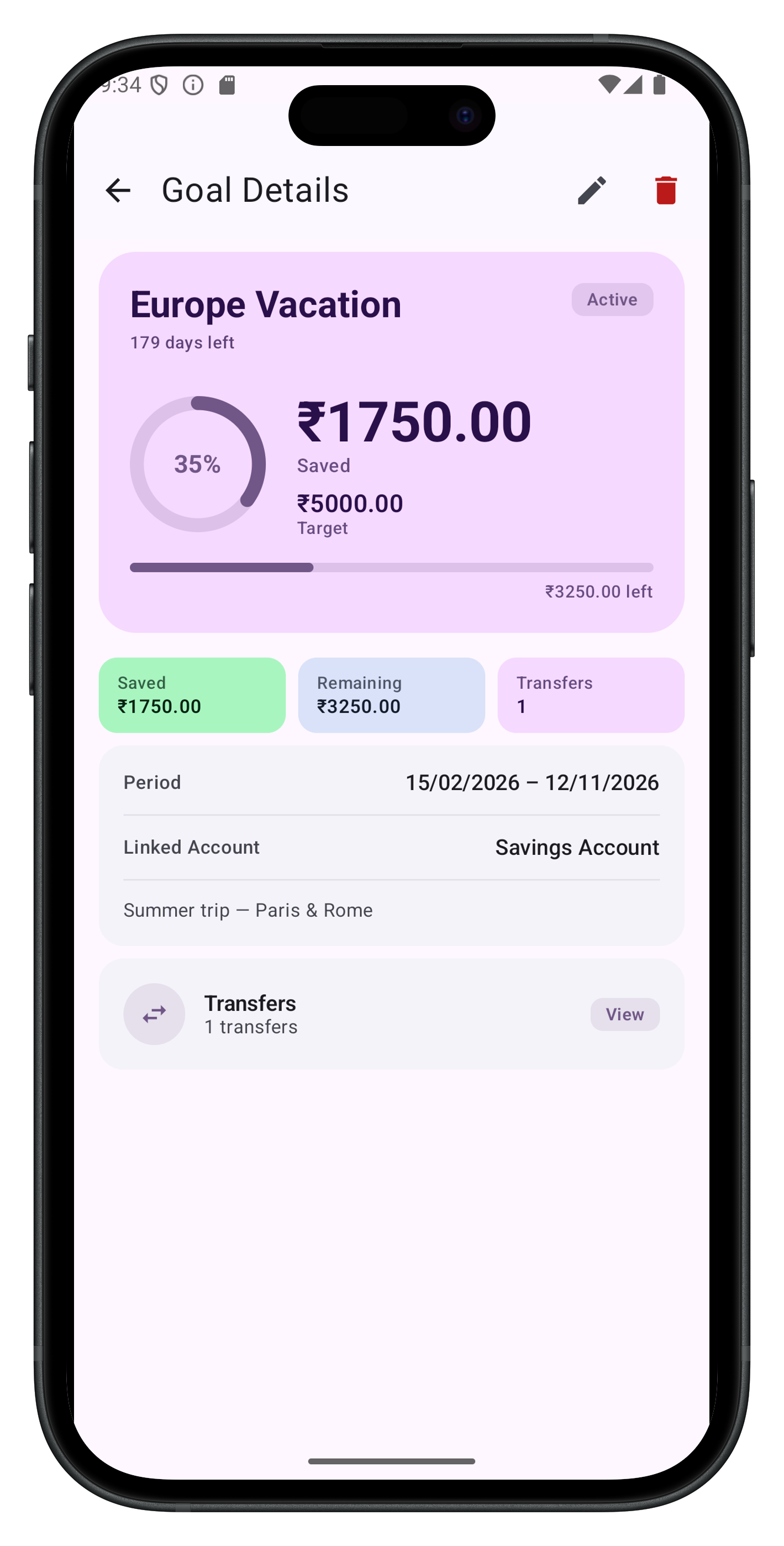 Savings goals in Moneycule app