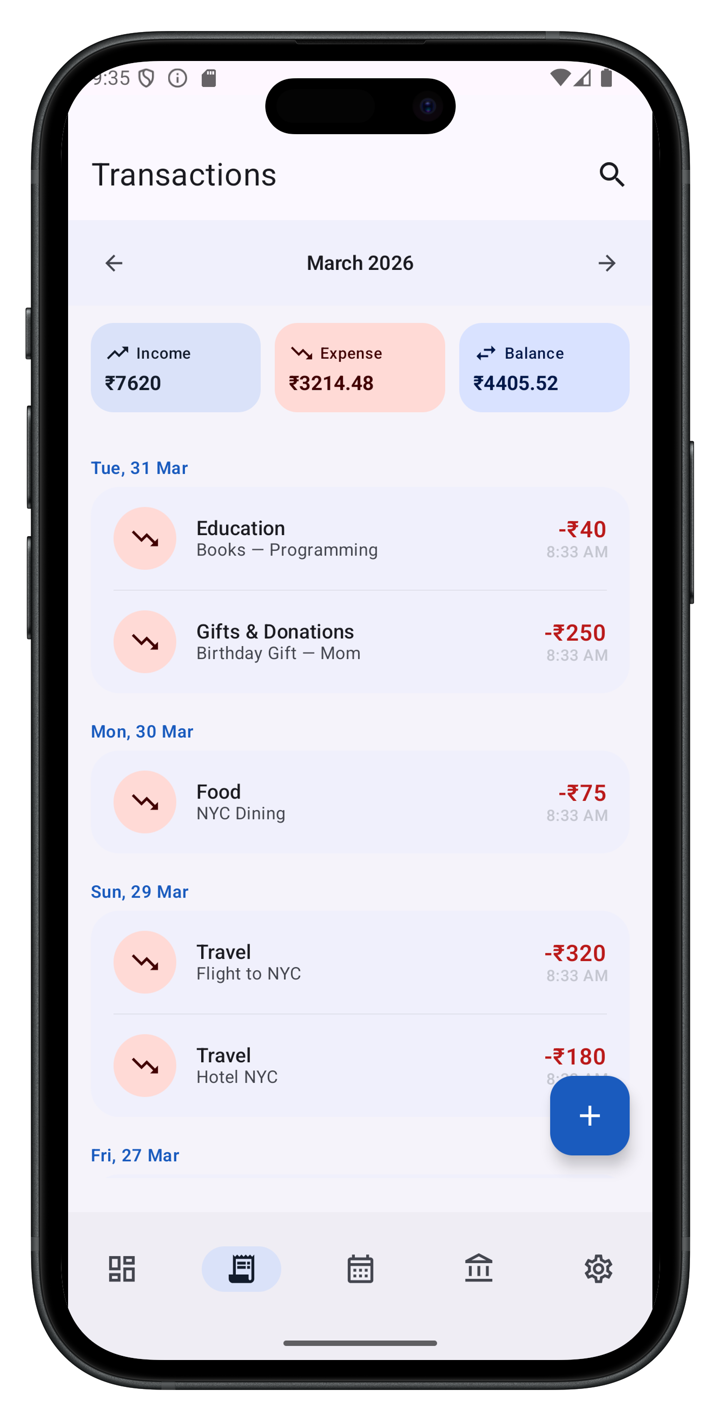 Transactions screen in Moneycule app